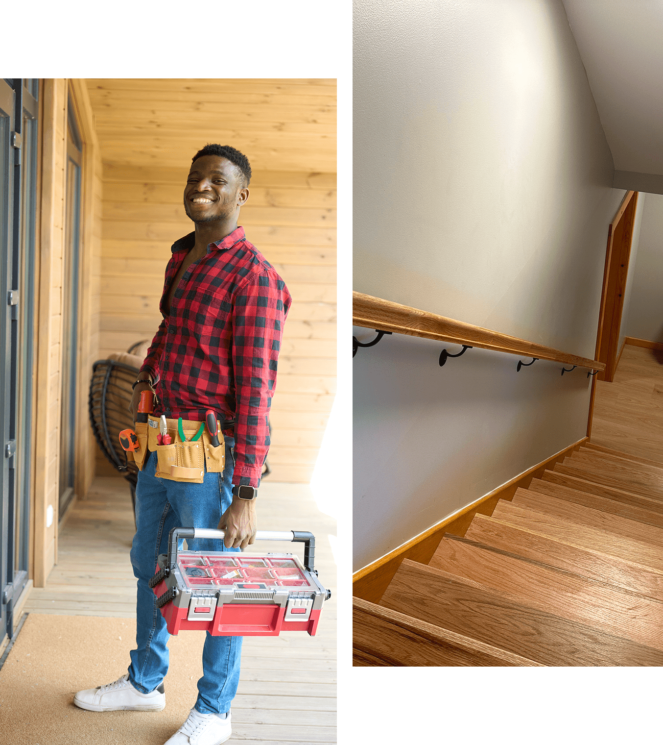 Man with toolbox standing by staircase.