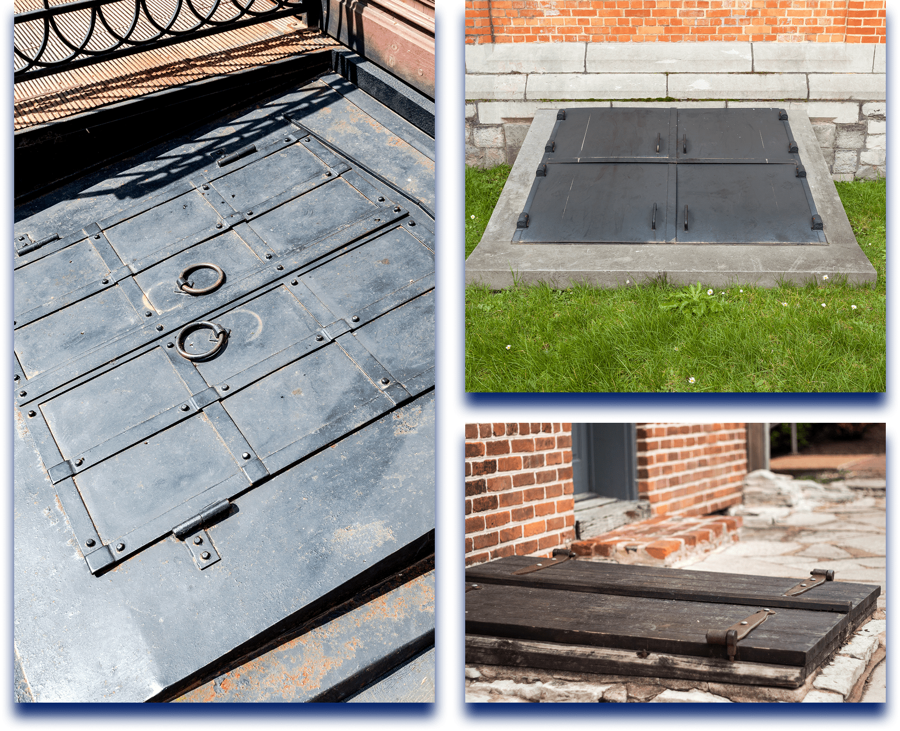 Metal cellar doors on brick buildings.