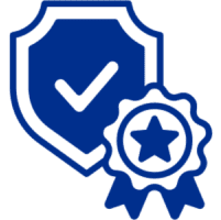 Shield with checkmark and award ribbon icon.