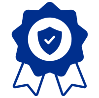 Blue badge with shield and checkmark icon.