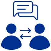 Two people communicating with speech bubbles.