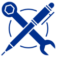 Blue wrench and pencil crossed on black.